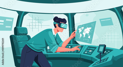 Virtual reality simulation: Navigating digital worlds in a futuristic control center
