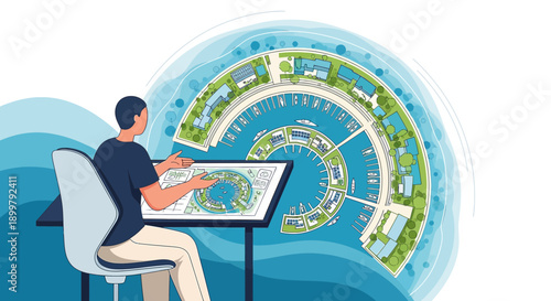 Visionary architect crafting blueprints for future coastal community with a sustainable focus