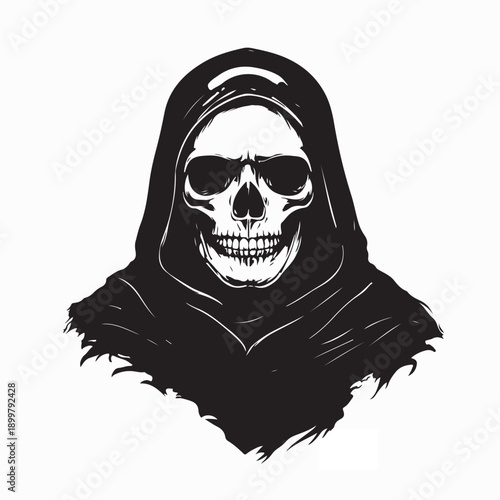 Skull in a black hooded cloak image vector on white background