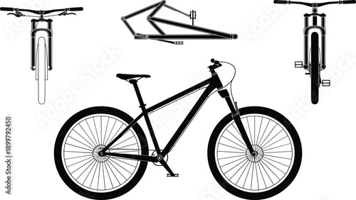 Mountain bike technical blueprint vector illustration, multiple views bicycle frame components isolated white background cycling engineering design template
