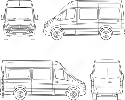 Passenger van outline illustration set, front side rear views, commercial transport vehicle vector, automotive line art drawing, isolated white background