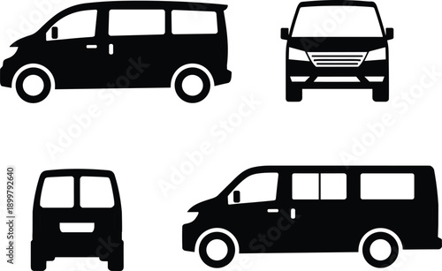 Passenger van silhouette icon set, side front rear views, commercial transport vehicle symbols, black vector illustration, isolated white background