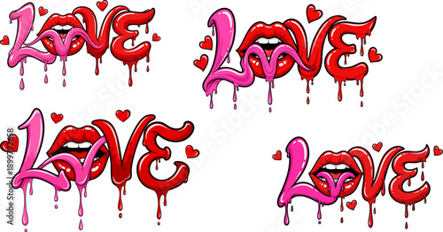 Dripping colorful graffiti style letters spelling love incorporated with sensual open lips designs for romance