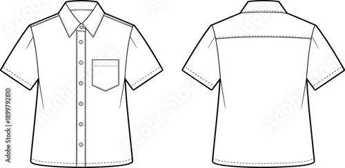 Short sleeve shirt vector flat, front and back technical views, apparel blueprint, garment template, sewing pattern, clothing design illustration, collection