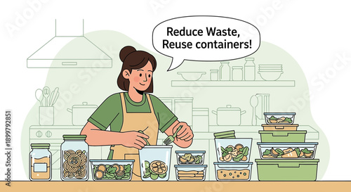 Woman in kitchen promoting sustainable lifestyle with reusable storage containers