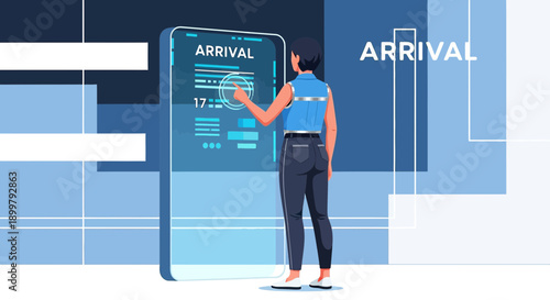 Woman interacts with digital arrival display for travel insights and updates easily