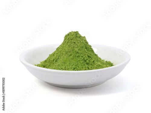Matcha green tea powder in bowl isolated on white background