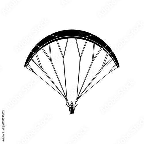 Black fill silhouette icon of paragliding harness and canopy. Clean minimal vector suitable for logos, pictograms, sport signage, mobile apps, and outdoor adventure branding.