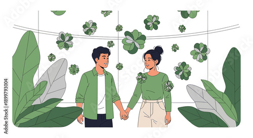 Young couple holding hands amidst a verdant botanical arrangement expressing affection and
