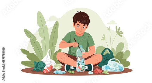 Young boy filling a bottle with recycled plastic trash symbolizing environmental awareness effort