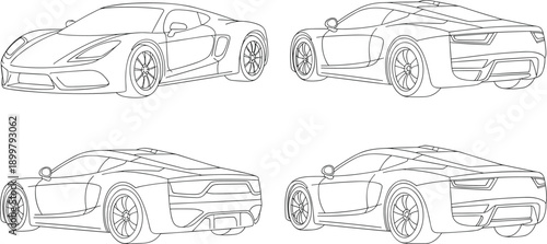 Sports car outline illustration set multiple views luxury supercar design automotive vector line art isolated white background technical blueprint concept