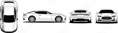 Sports car blueprint multiple views line art vector illustration isolated white background luxury automotive design technical drawing side profile template