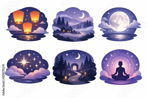 Mystical Twilight Icons with Lanterns and Serene Night Atmosphere Isometric Vector Set