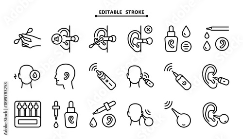 Ear Treatment and Hygiene Icon Set: Otoscope, Cotton Swab, Medicine, Wax Removal, Syringe and Tools for Clinic and Home Care
