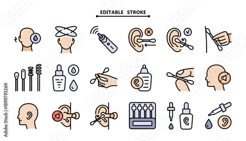 Color Ear Care Icon Set: Editable Vector Symbols for Hygiene Instruction, Otolaryngology Clinic and Hearing Health Infographic