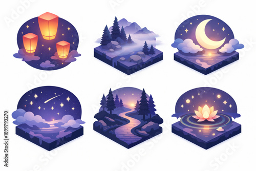 Mystical Twilight Icons with Lanterns and Serene Night Atmosphere Isometric Vector Set