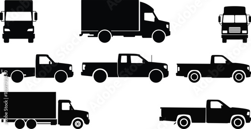 Truck silhouette icon set, pickup delivery box trucks vector collection isolated white background commercial transport vehicles design illustration graphics symbols