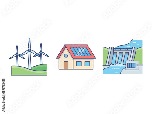 Illustrations of various renewable energy sources including wind turbines, a house with solar panels, and a hydroelectric dam.