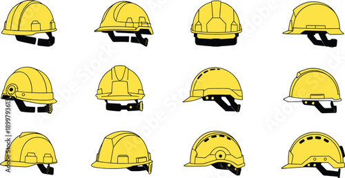 Yellow construction helmet icon set, vector illustration of multiple hardhats and safety headgear variations for industrial PPE and workplace protection.eps