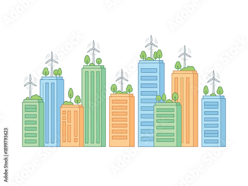 A vibrant illustration of a sustainable city skyline featuring modern buildings with rooftop gardens and wind turbines, symbolizing green energy and eco-friendly urban development.