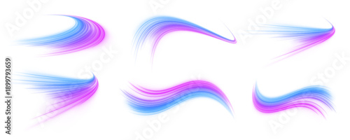 Blue and pink neon trails flow like digital waves in motion. The glowing paths add a futuristic mood. Perfect for data, sound, or technology concepts. PNG