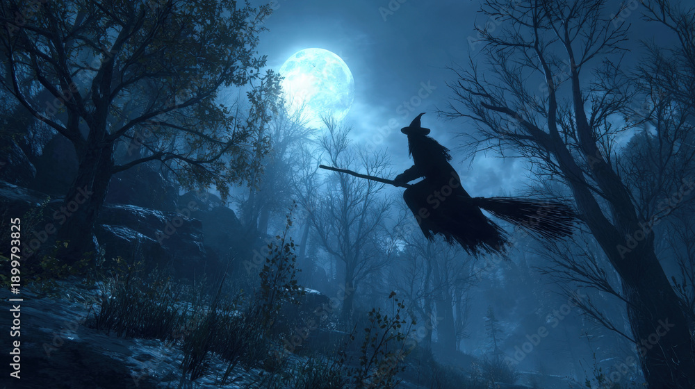 Fototapeta premium Mystical Silhouette of a Wicked Witch Flying on a Broomstick Across the Bright Full Moon in a Spooky Night Forest with Twisted Bare Trees and Eerie Blue Moonlight for Halloween Horror Background