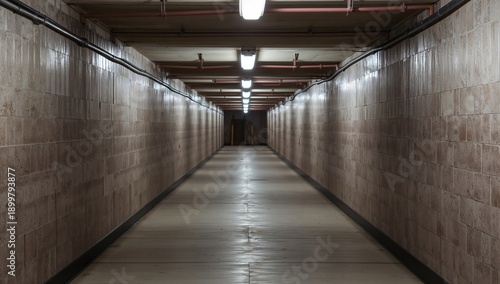 Long Hallway With Bright Lights in a Concrete Building During Evening Hours