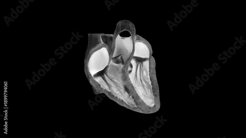 Human Heart Anatomy 3D Medical Illustration Showing Cardiac Chambers, Ventricles and Internal Structure Isolated on Black Background