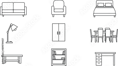 Collection of minimalist furniture icons simple outline vector illustrations for interior design and home decor concepts isolated on white