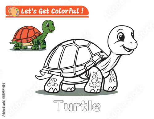 Turtle coloring page for kids featuring a cute cartoon turtle. Perfect for children coloring books, learning activities, and creative fun. Main object isolated on white background.
