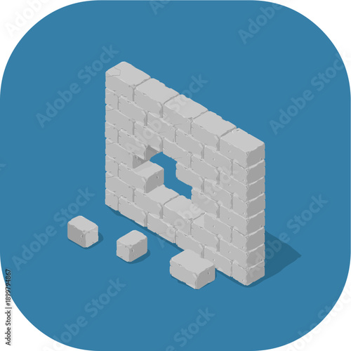 Cyber Attack Damaged Firewall Brick Wall Masonry Color Illustration Icon Vector