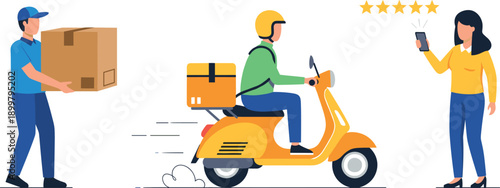 E-commerce delivery service set with courier carrying package scooter driver and customer providing five star rating vector.