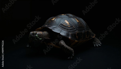 Turtle Moving on a Dark Surface in a Dimly Lit Setting