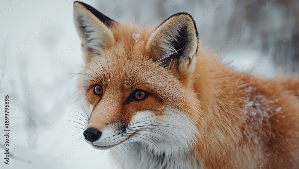 Fototapeta premium Red Fox Stands in Snow During Winter in a Forest Observing Its Surroundings for Food or Movement