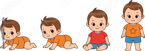 Cartoon vector illustration of baby boy growth stages from crawling and sitting to standing toddler, infant development milestones set isolated on white background.