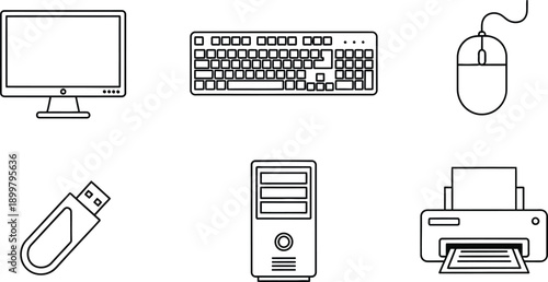Computer hardware icons including monitor keyboard mouse USB drive PC tower and printer for technology and digital concepts isolated on white