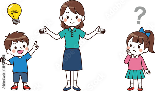 Female teacher helping students in classroom with boy having a bright idea and girl thinking with question mark, education and learning concept vector.