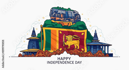 Vibrant illustration of Sri Lanka's independence day celebration with cultural heritage and freedom theme from a frontal viewpoint