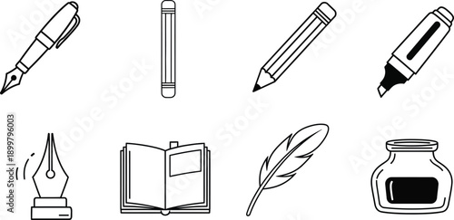 Collection of writing instrument icons including fountain pens pencils and inkwell for creative design and education concepts isolated on white