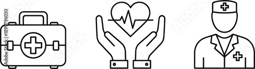 Healthcare and first aid linear icon set featuring a medical emergency kit bag hands holding a heart with pulse and male nurse.