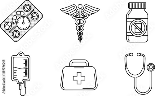 Healthcare and medical vector icon set featuring a pill blister pack caduceus symbol medicine bottle IV drip first aid kit and stethoscope.