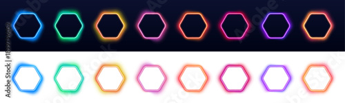 Radiant neon hexagons glow in cyan and pink gradients, creating luminous geometric frames for modern digital compositions. Transparent PNG.