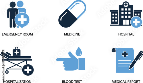 Medical and healthcare vector icon set featuring hospital building emergency room medicine capsule blood test hospitalization gurney and patient medical report document.