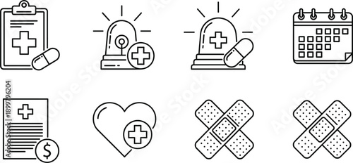 Set of black and white medical line icons including health insurance, emergency siren, calendar, heart care, and bandage symbols for hospital web design.