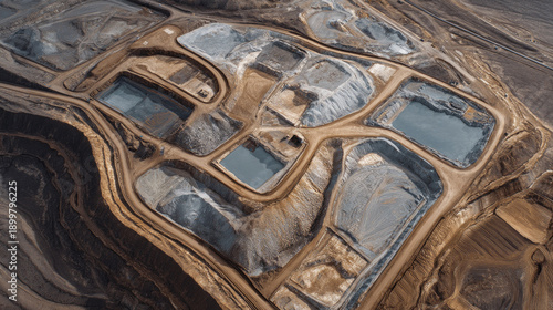 Aerial view of rare earth extraction heap leach pads and industrial ponds