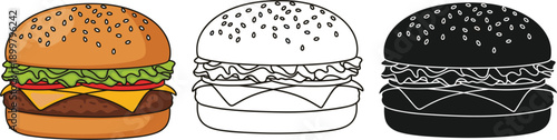 Set of delicious beef cheeseburger icons including colorful cartoon style, black and white line art, and solid silhouette isolated on white background for menu design.