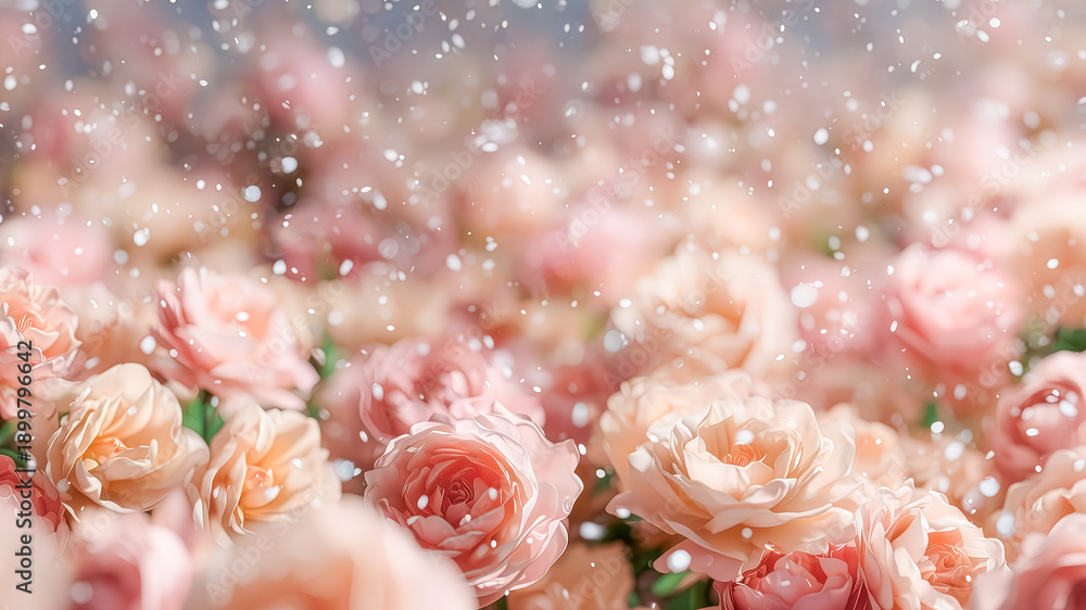 Fototapeta premium 柔らかい光に包まれたピンクとピーチ色のバラの花園に舞い落ちる白い雪のような粒子の幻想的な風景の3Dレンダリング