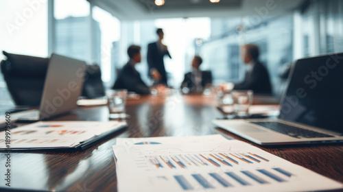 Business meeting in a modern conference room with laptops and charts on the table and executives discussing strategy in the background