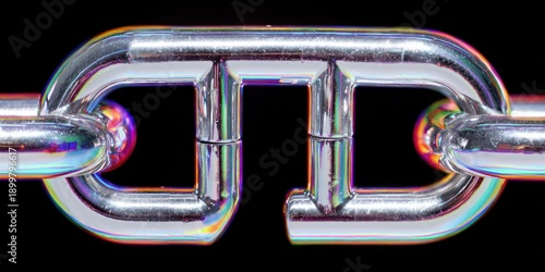 Close-up of Silver Metal Chain Link with Rainbow Reflection on Black Background