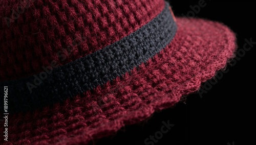Deep Red Woven Hat With Black Band Shown Against a Dark Background